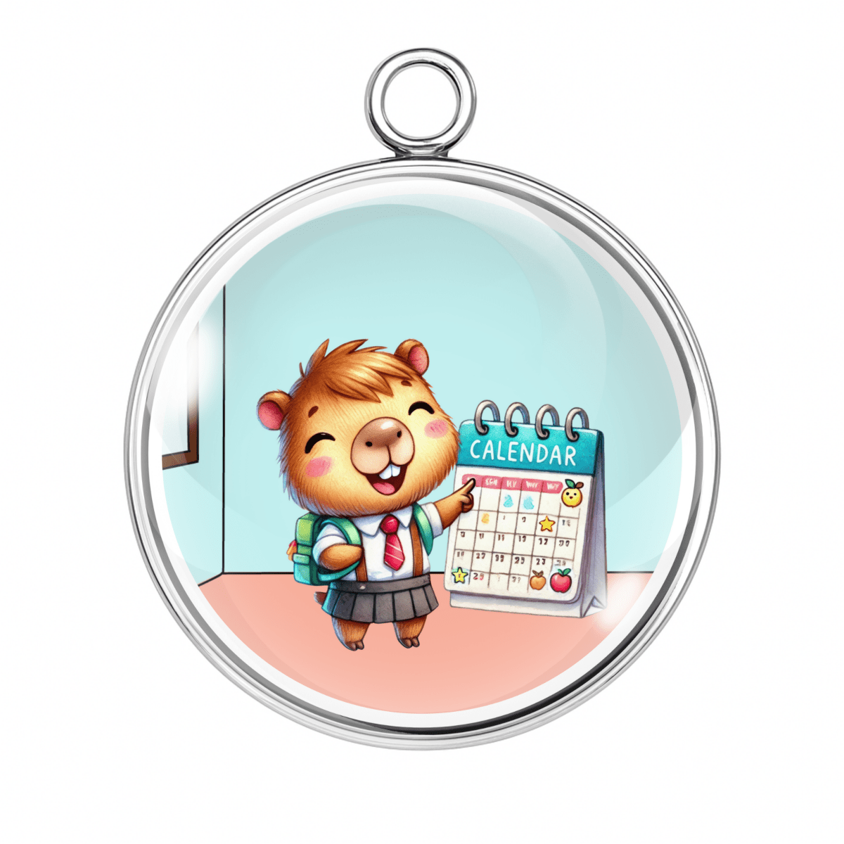 Capybara charm with school backpack standing by a classroom calendar.