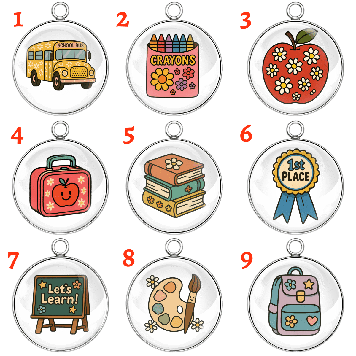 "Set of 9 back to school themed glass cabochon charms with stainless steel loops"