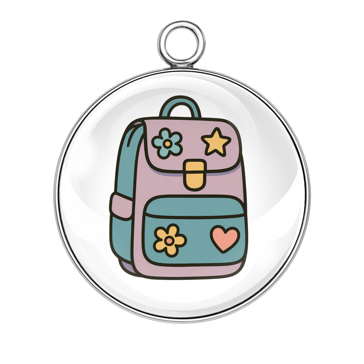 Teal and pink school backpack with hearts and stars charm