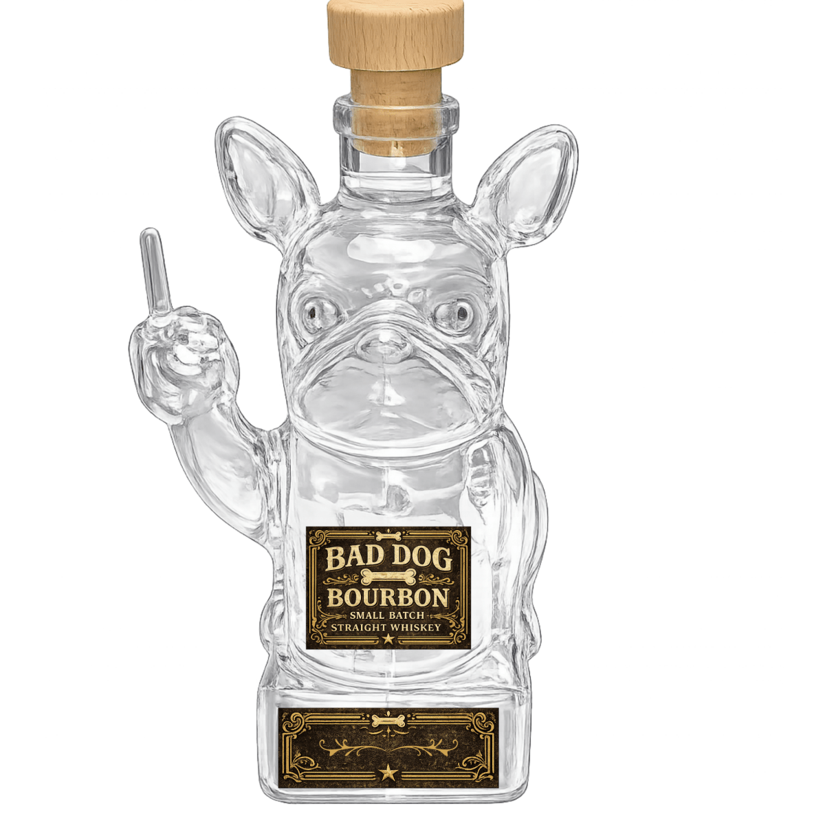 Clear dog-shaped bourbon bottle with a wooden cap on a white background