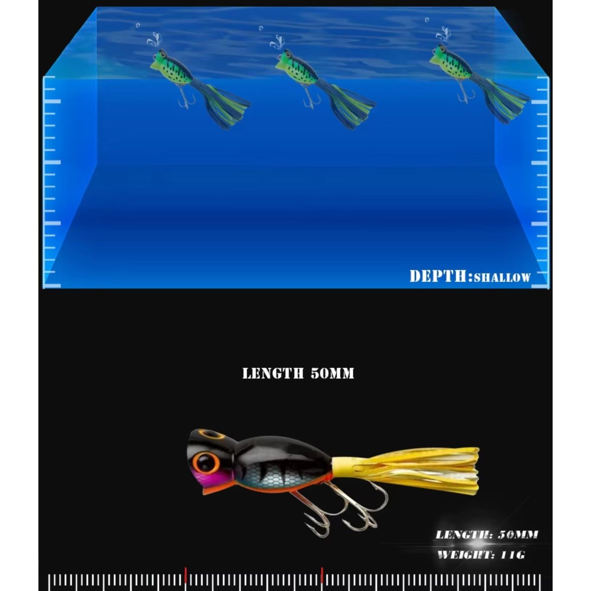 Hula Popper BassBass Fishing Lure – 2" Surface Swim Bait with Rubber Skirt & Cupped Mouth