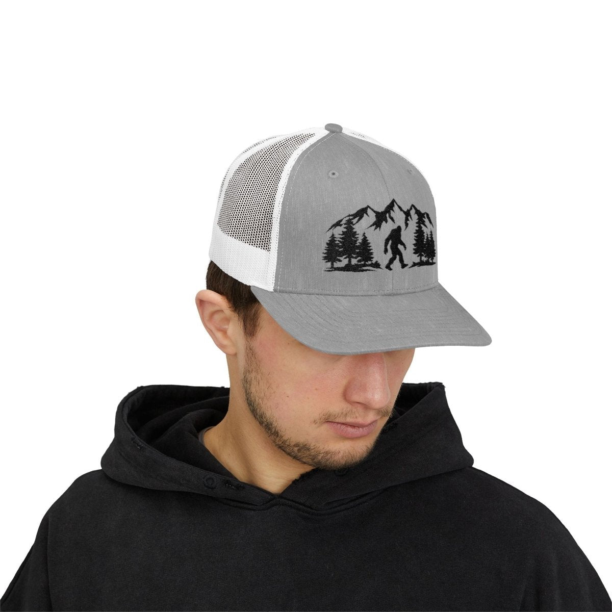 “Believe in the Unknown” Bigfoot Trucker Hat – Mountain Forest Design