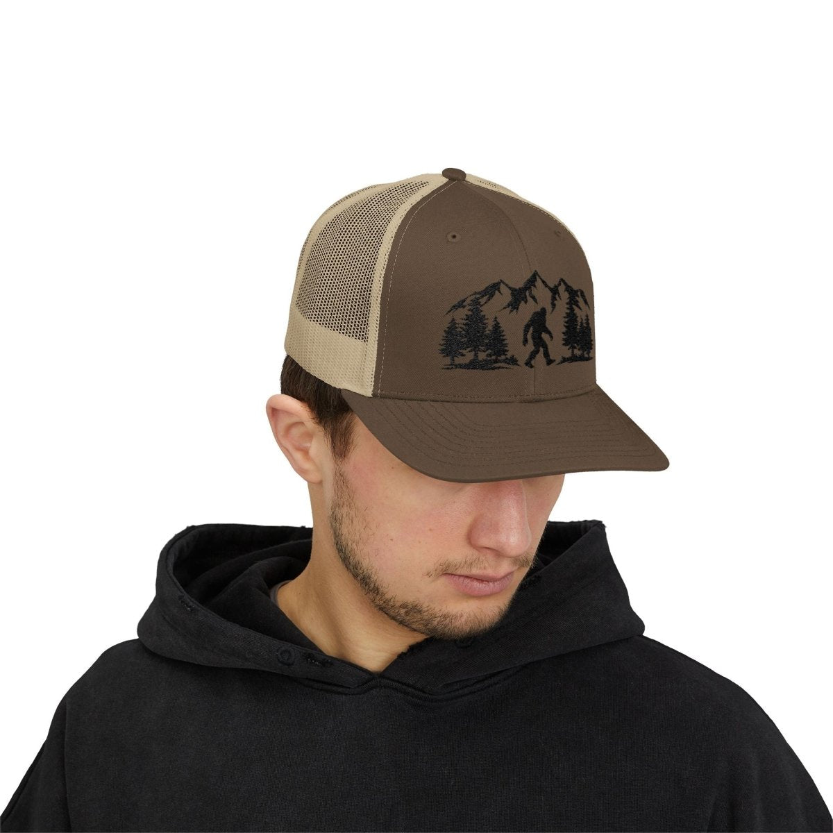 “Believe in the Unknown” Bigfoot Trucker Hat – Mountain Forest Design