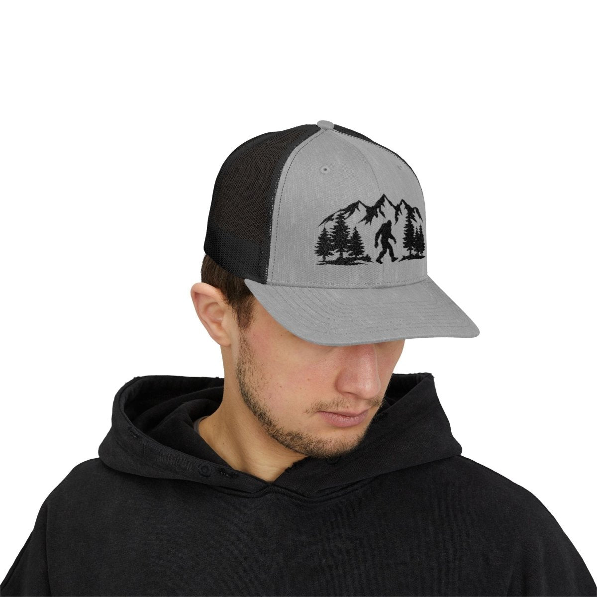“Believe in the Unknown” Bigfoot Trucker Hat – Mountain Forest Design