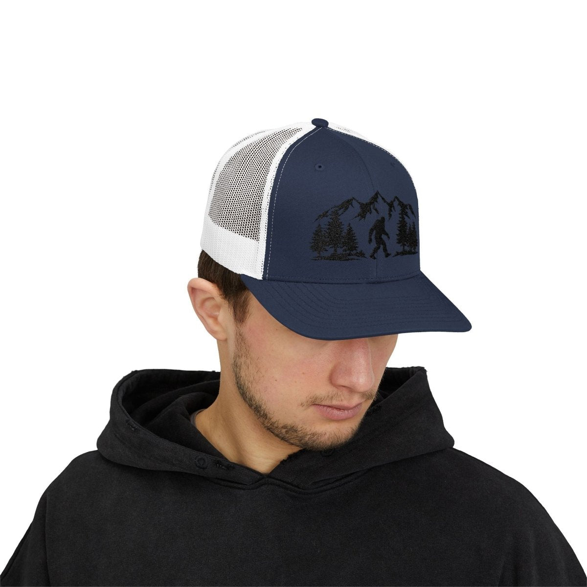 “Believe in the Unknown” Bigfoot Trucker Hat – Mountain Forest Design