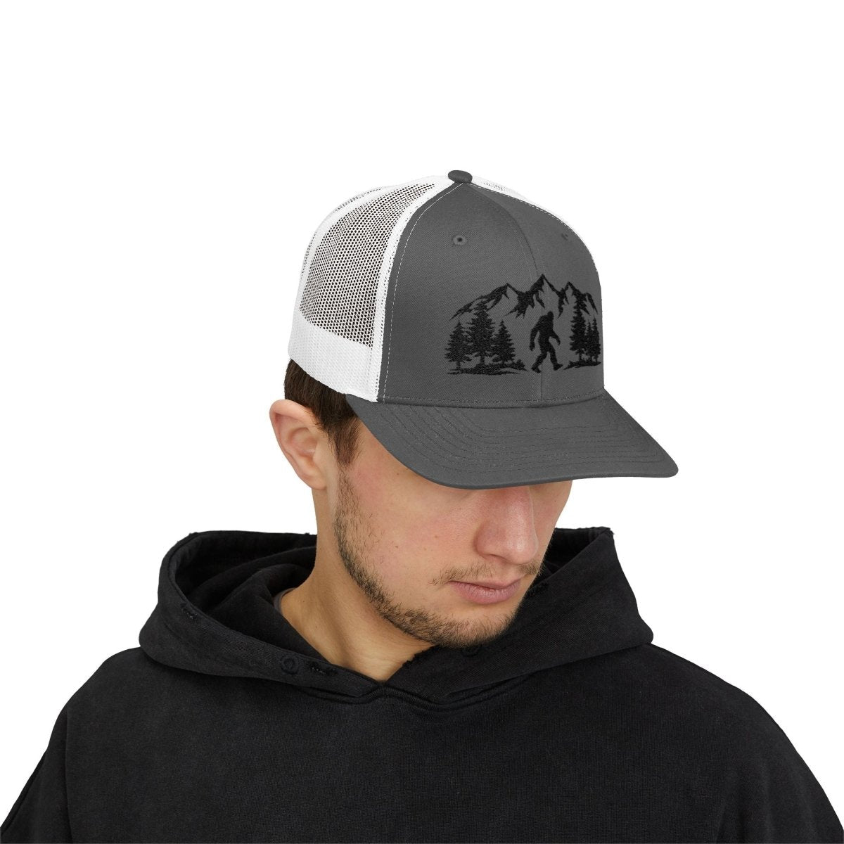 “Believe in the Unknown” Bigfoot Trucker Hat – Mountain Forest Design