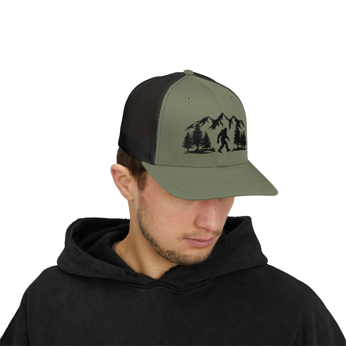 “Believe in the Unknown” Bigfoot Trucker Hat – Mountain Forest Design