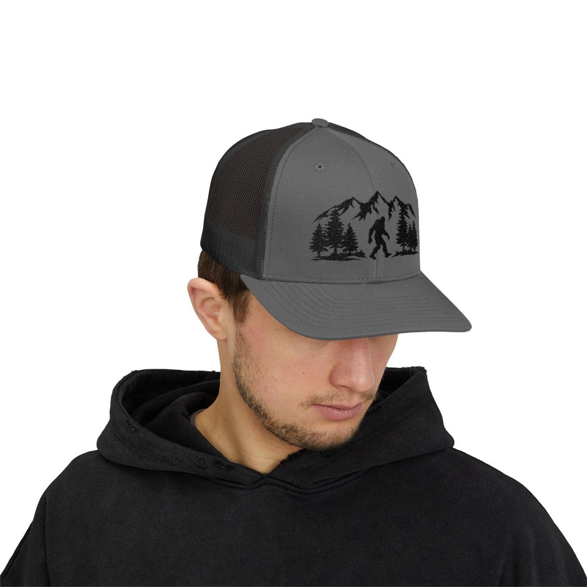 “Believe in the Unknown” Bigfoot Trucker Hat – Mountain Forest Design