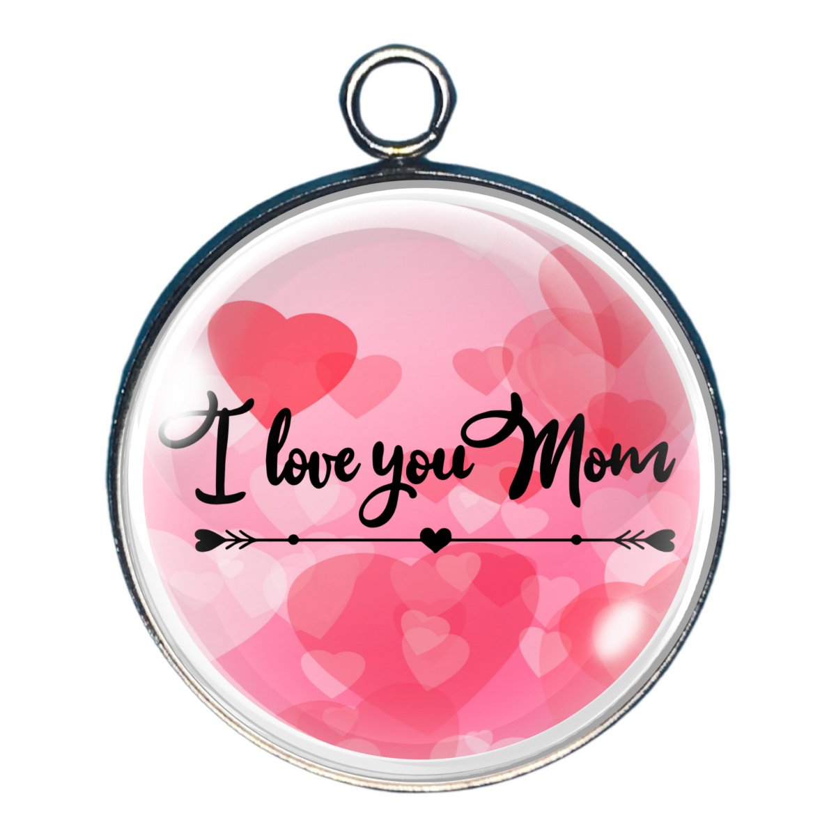 charm with 'I love you Mom'  with a background of hearts