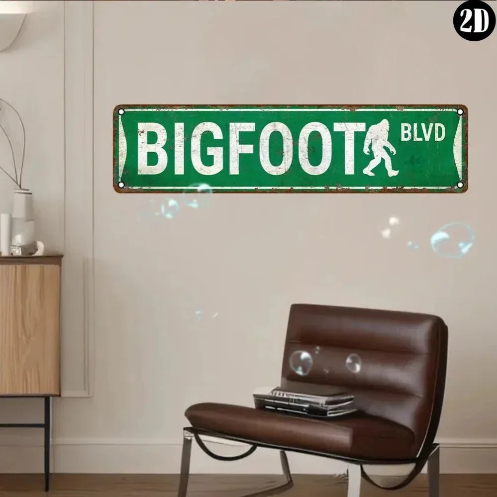 A retro-style UV-printed sign that reads "Bigfoot Blvd" with vintage colors, perfect for quirky wall décor in homes, bars, and game rooms.