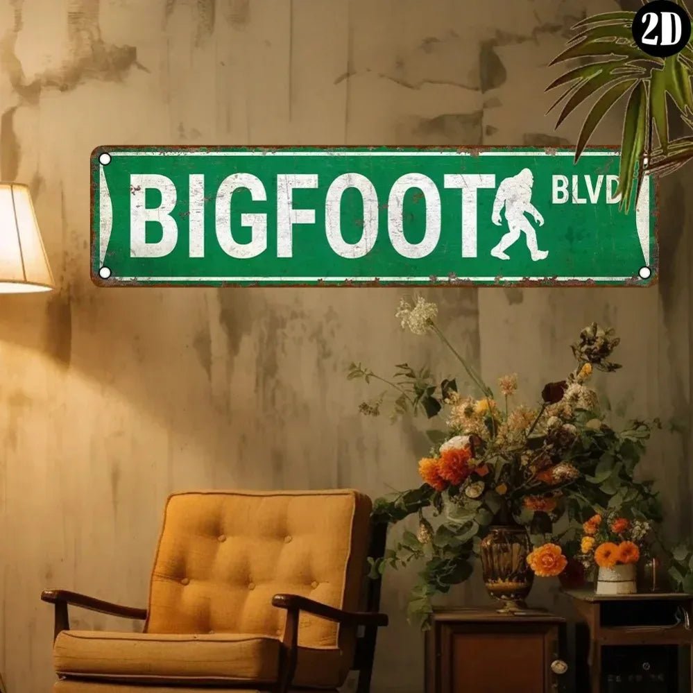 A retro-style UV-printed sign that reads "Bigfoot Blvd" with vintage colors, perfect for quirky wall décor in homes, bars, and game rooms.
