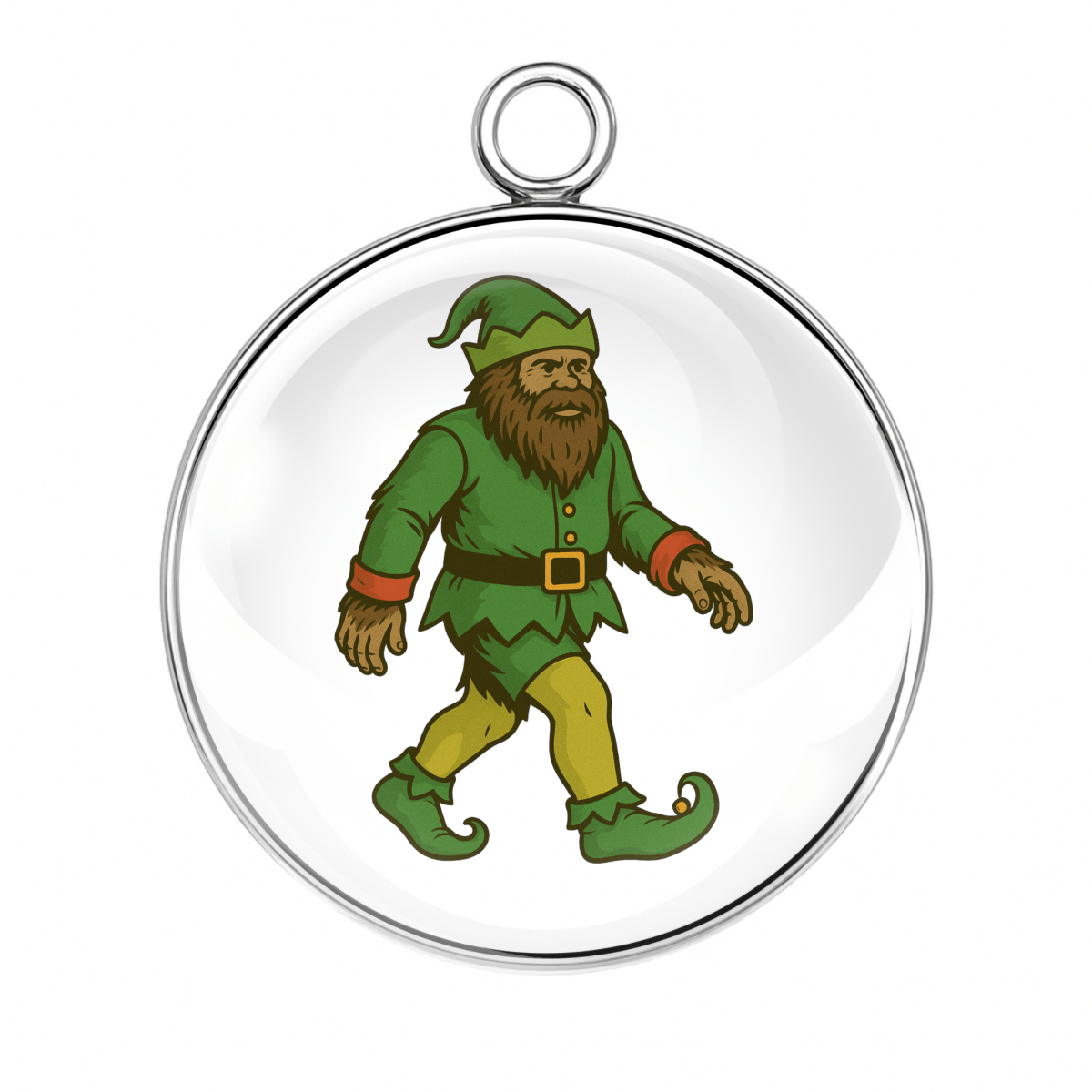 Bigfoot dressed as an elf with green clothes and curled shoes