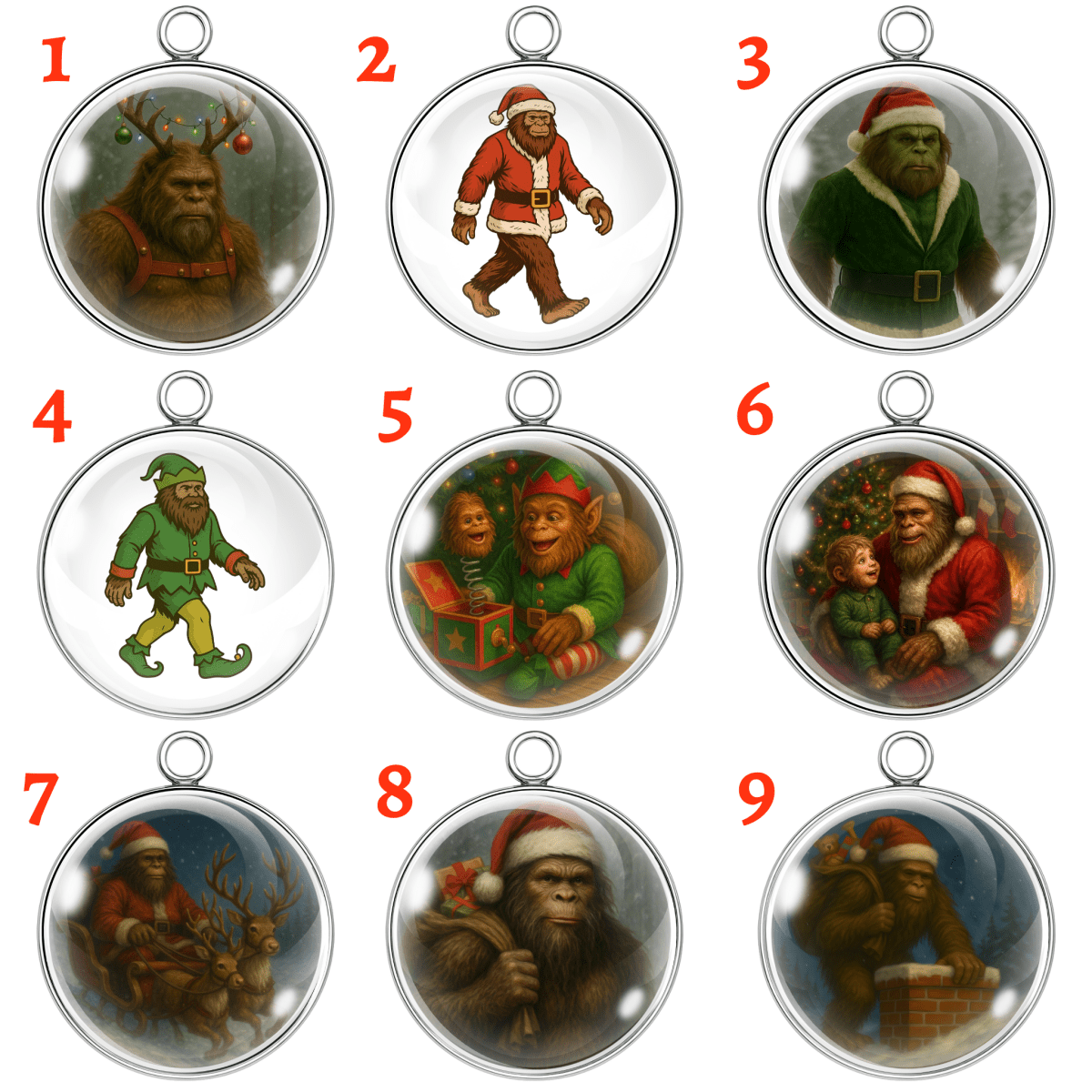 Set of 9 funny Bigfoot Santa Christmas charms – handmade glass cabochon holiday pendants.