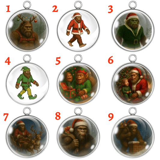 Set of 9 funny Bigfoot Santa Christmas charms – handmade glass cabochon holiday pendants.