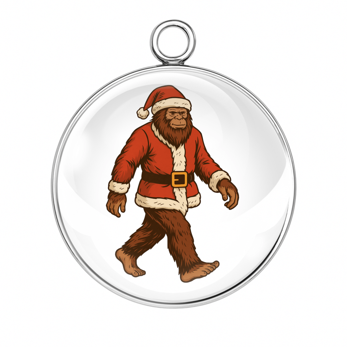 Bigfoot walking in a classic red Santa suit