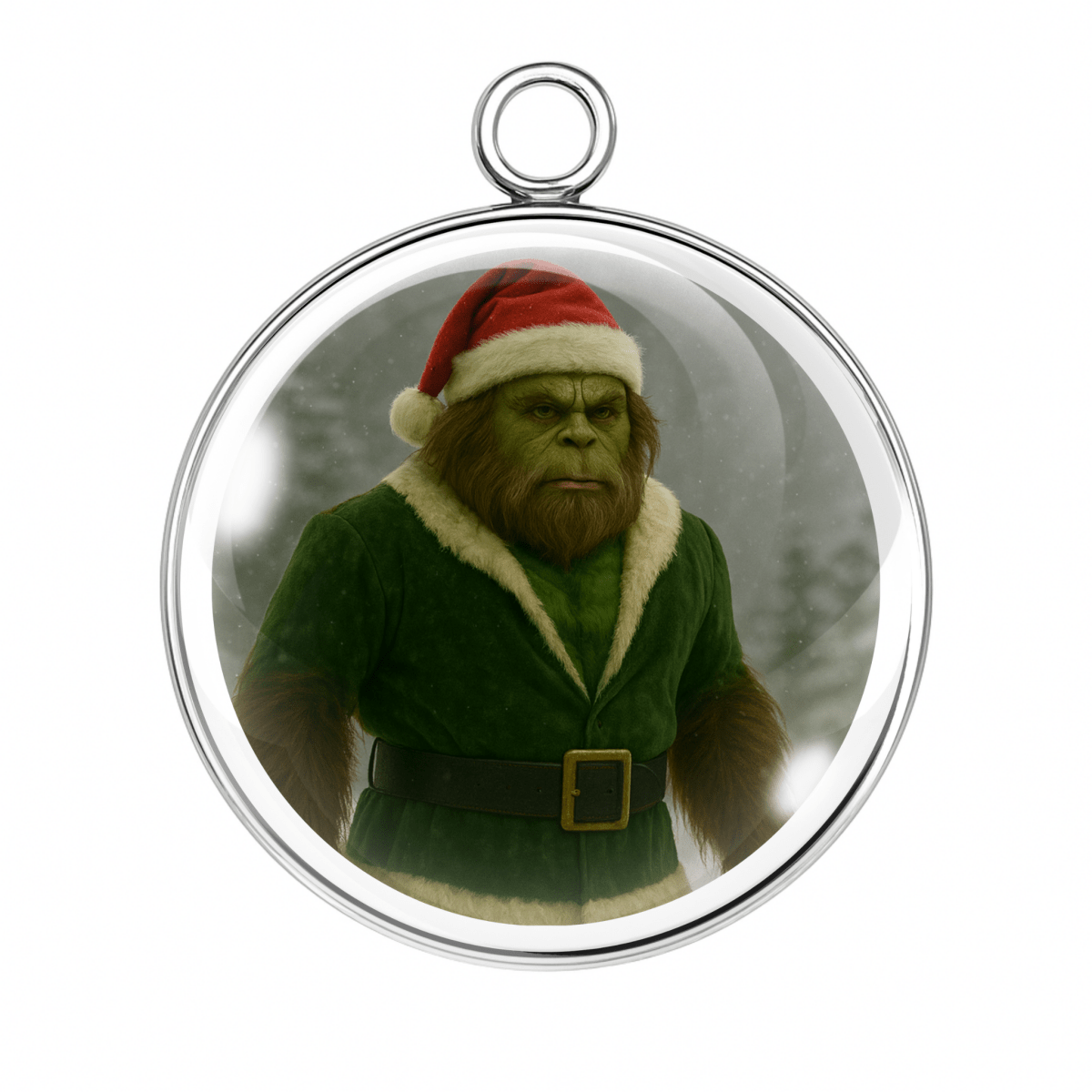 Green Grinch-style Bigfoot Santa in a green coat.