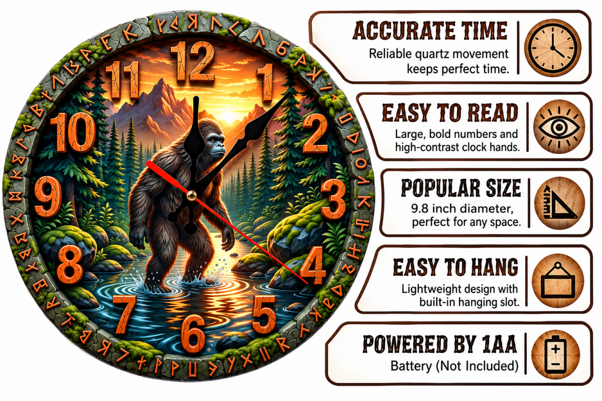 Bigfoot Sasquatch Wall Clock 9.8" Rustic Cabin Forest Decor Battery Powered