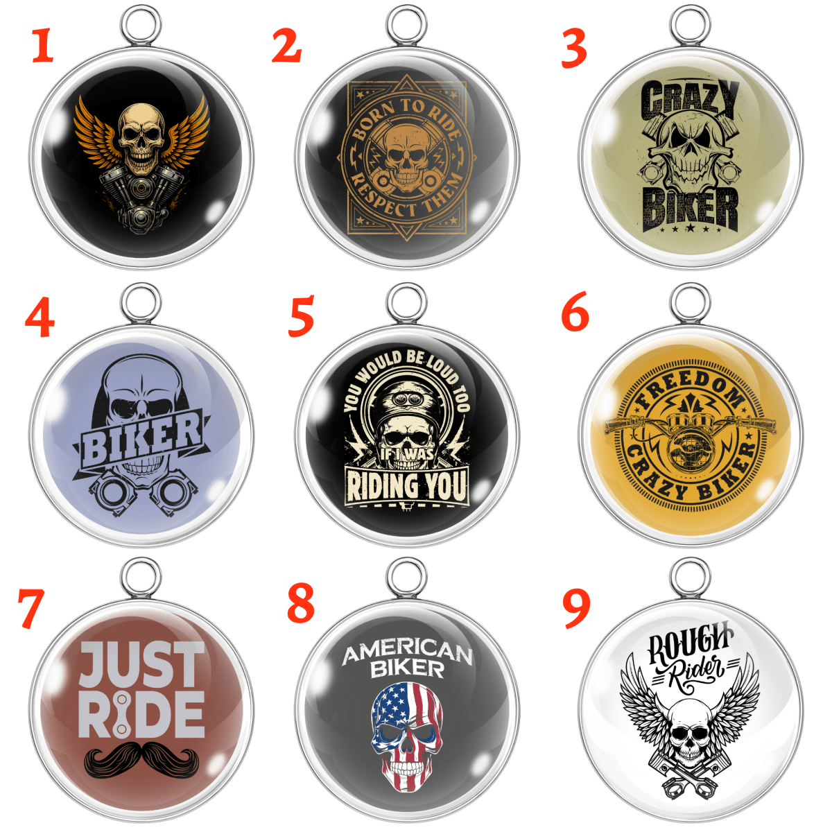 Biker themed glass cabochon charms with skull, motorcycle, and funny rider designs in stainless steel settings