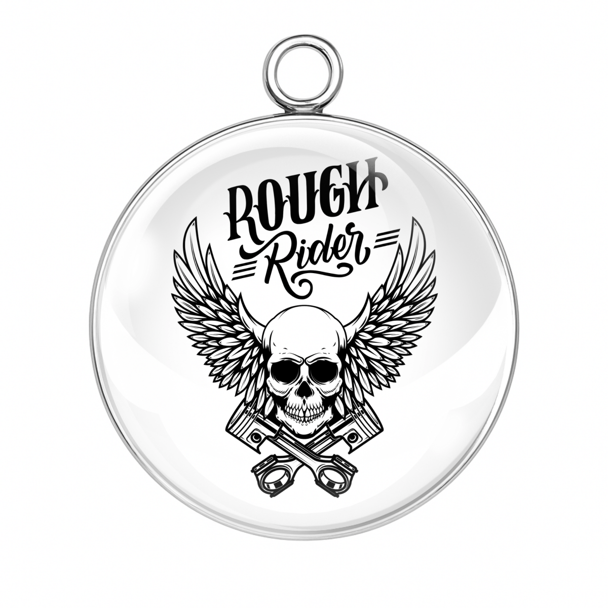 Rough Rider skull with wings motorcycle glass cabochon charm