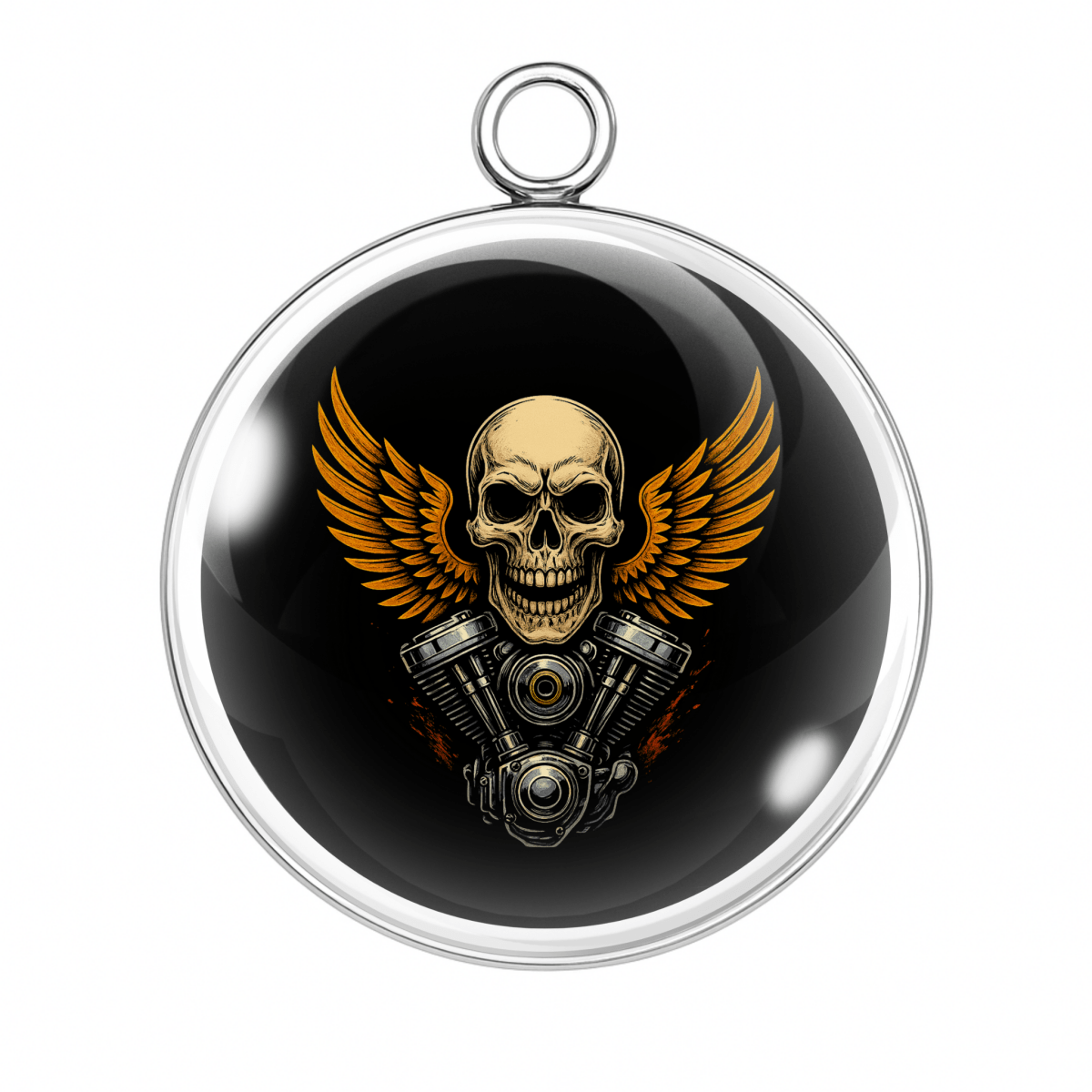 Winged skull motorcycle engine biker glass cabochon charm in stainless steel