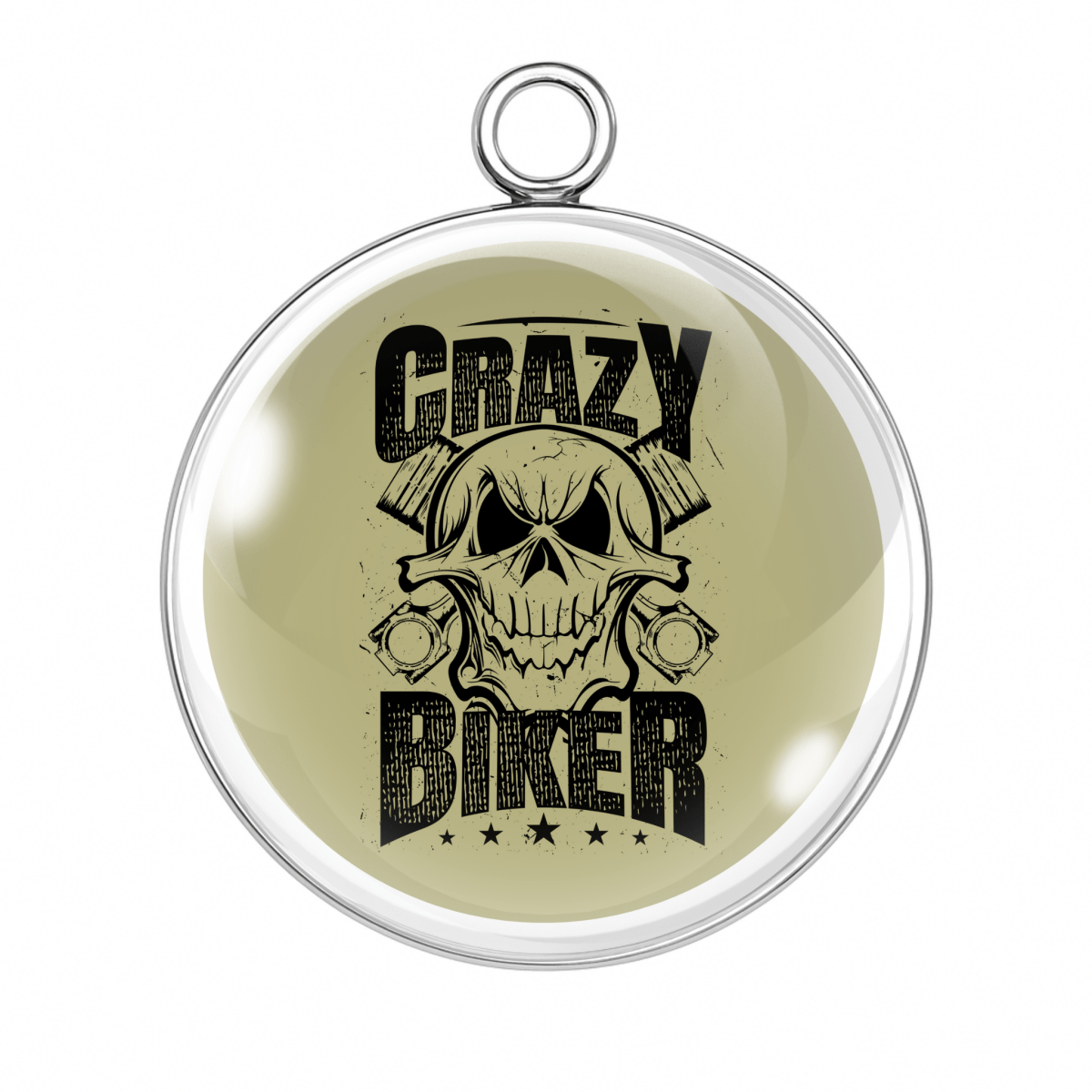 Crazy Biker skull with helmet glass cabochon charm in gold and black