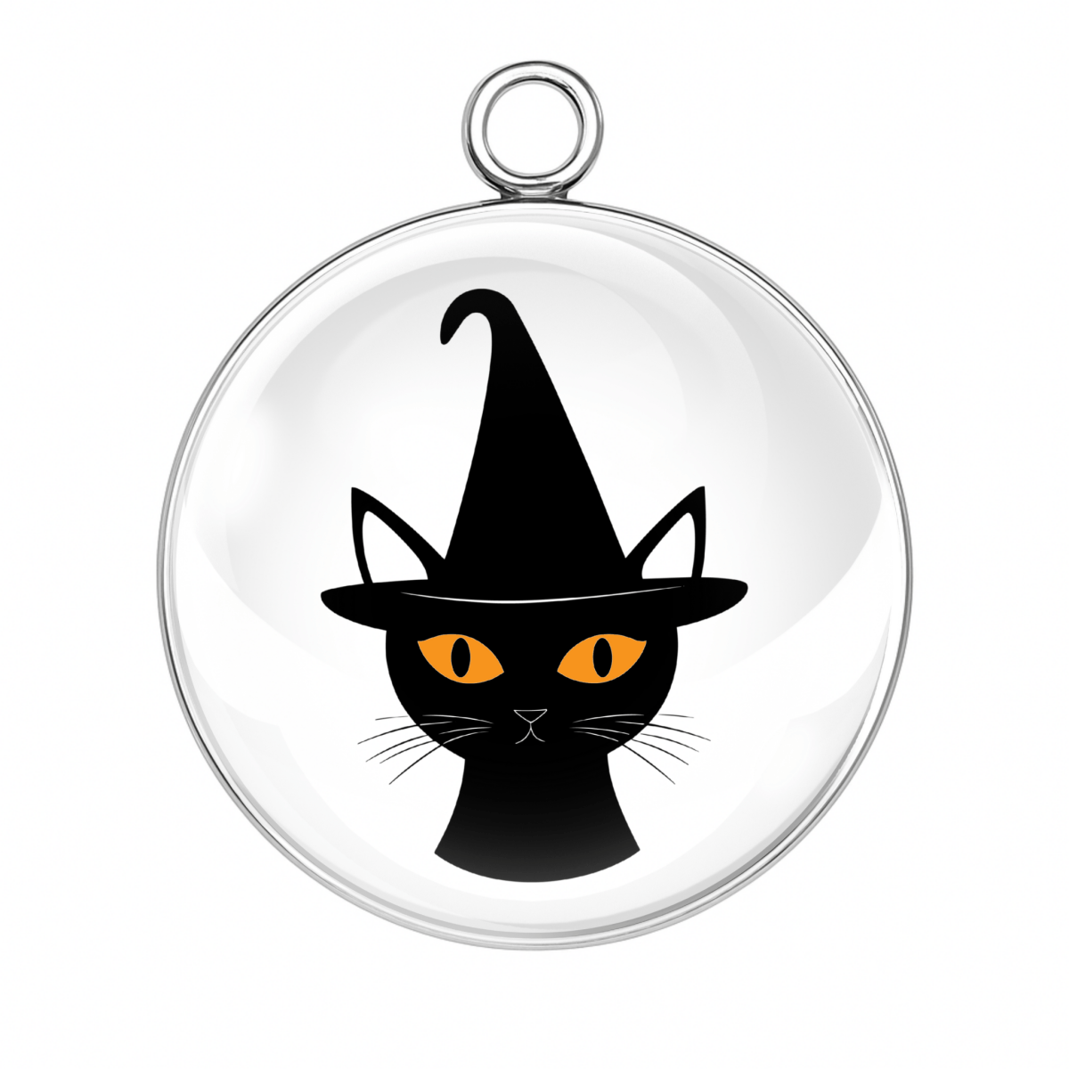Halloween Cat Charm β Black cat with pointed witch hat and glowing orange eyes β Glass Cabochon Pendant