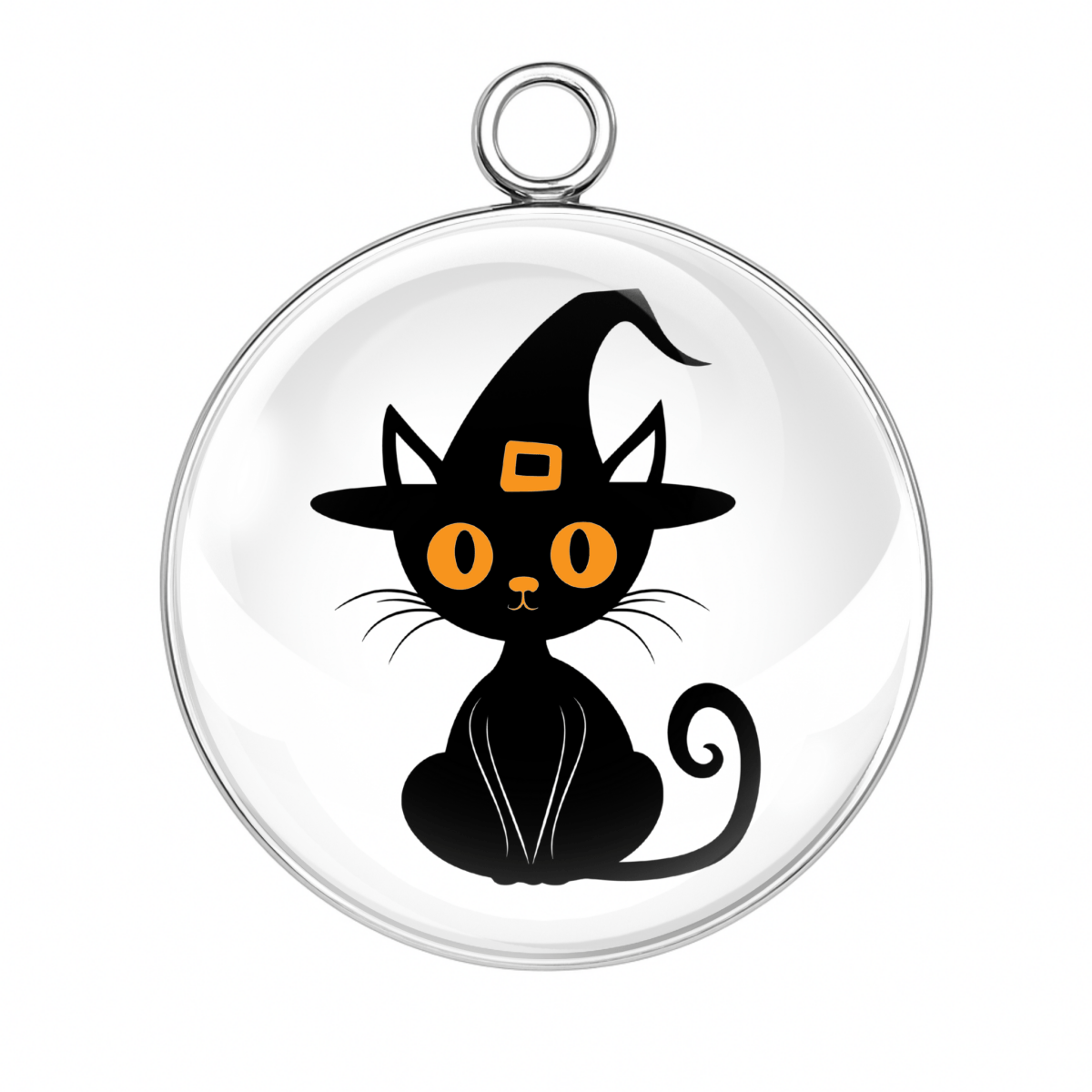 Whimsical Halloween Cat Charm β Black cat in witch hat with big orange eyes β Glass Cabochon Pendant