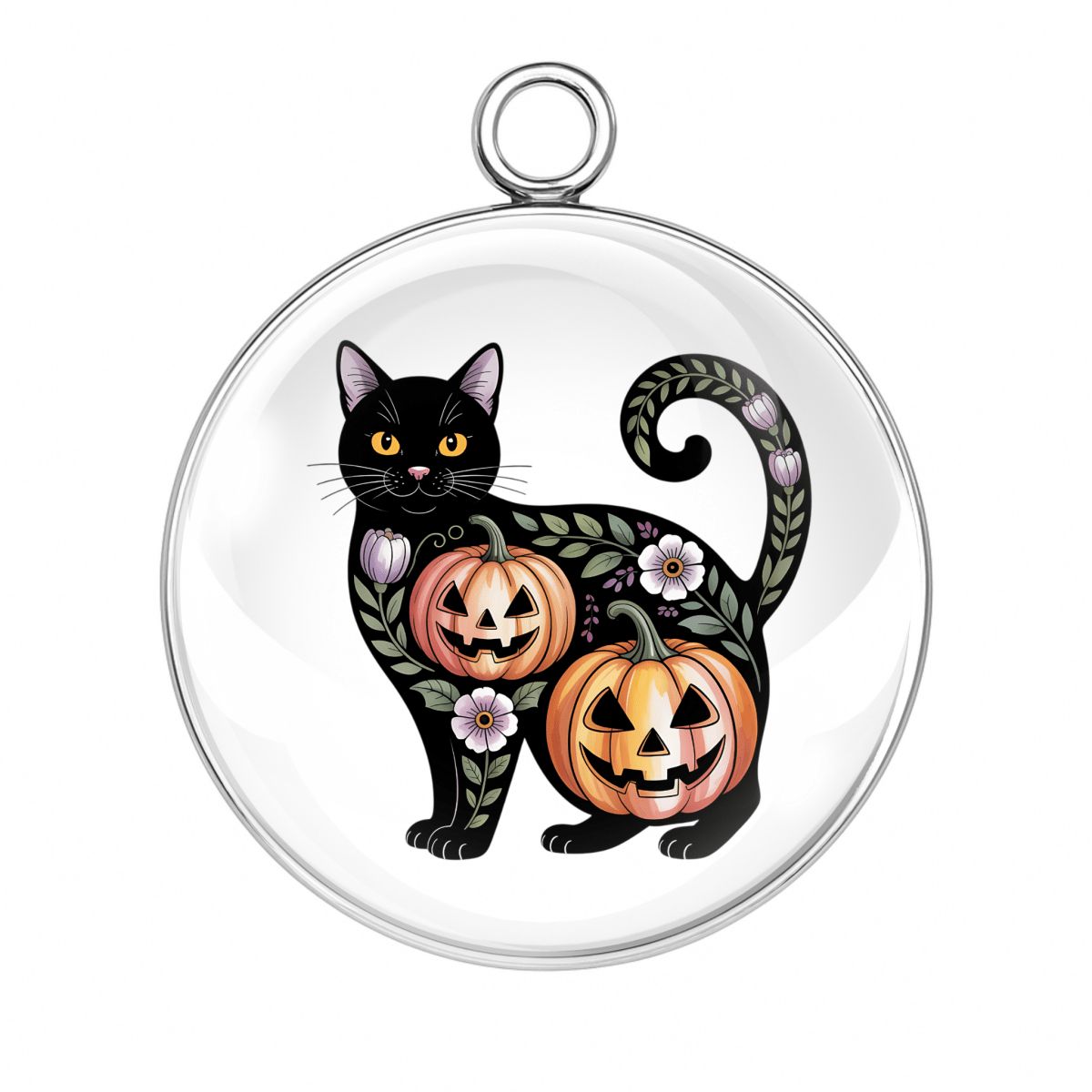 Spooky Halloween Cat Charm β Black cat with carved pumpkins and gothic patterns β Glass Cabochon Jewelry