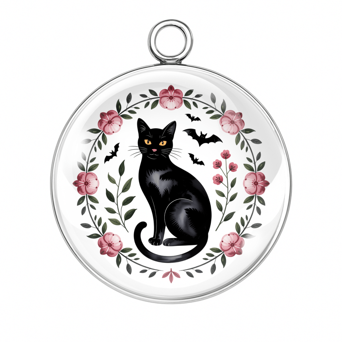 Halloween Cat Charm β Elegant black cat with flying bats and pink floral wreath β Glass Cabochon Pendant