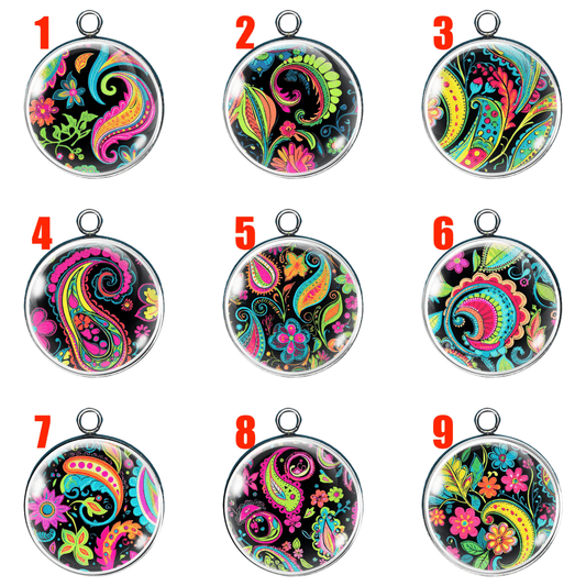 "Set of 9 black paisley neon color glass cabochon charms with vibrant floral and paisley designs, labeled 1 to 9 for easy style selection. Great for making earrings, bracelets, necklaces, and DIY crafts."