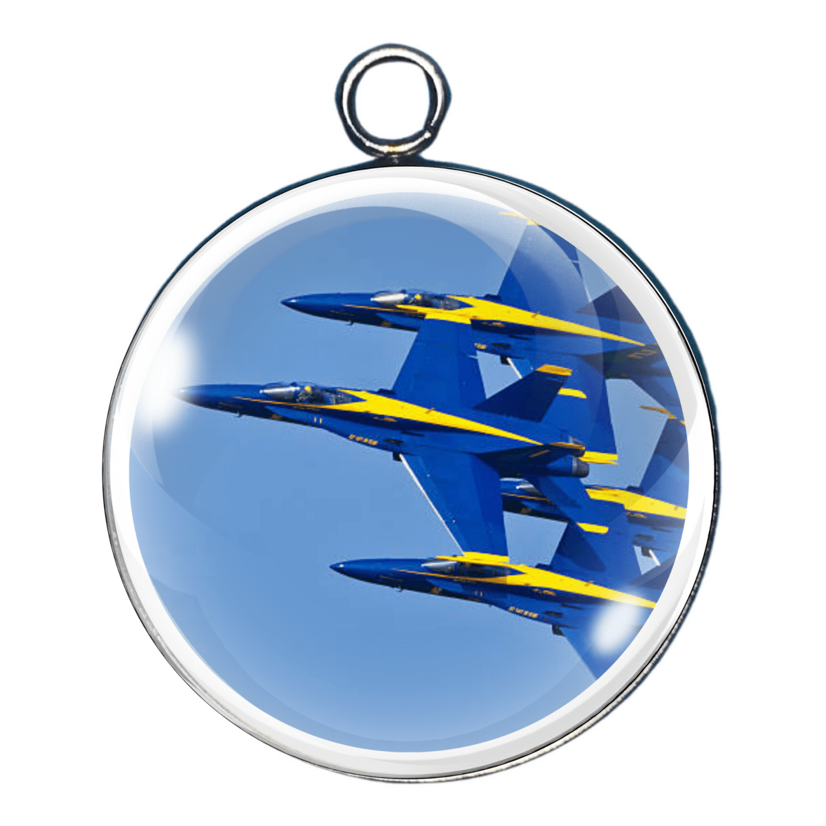 Charm 2:
"Two Blue Angels jets banking together against a clear sky, stainless steel charm."