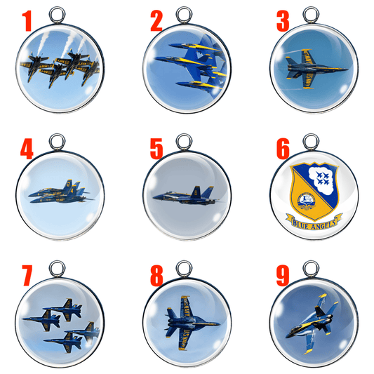 Set of 9 handmade Blue Angels glass cabochon charms with fighter jet images in stainless steel settings, shown in silver tone.