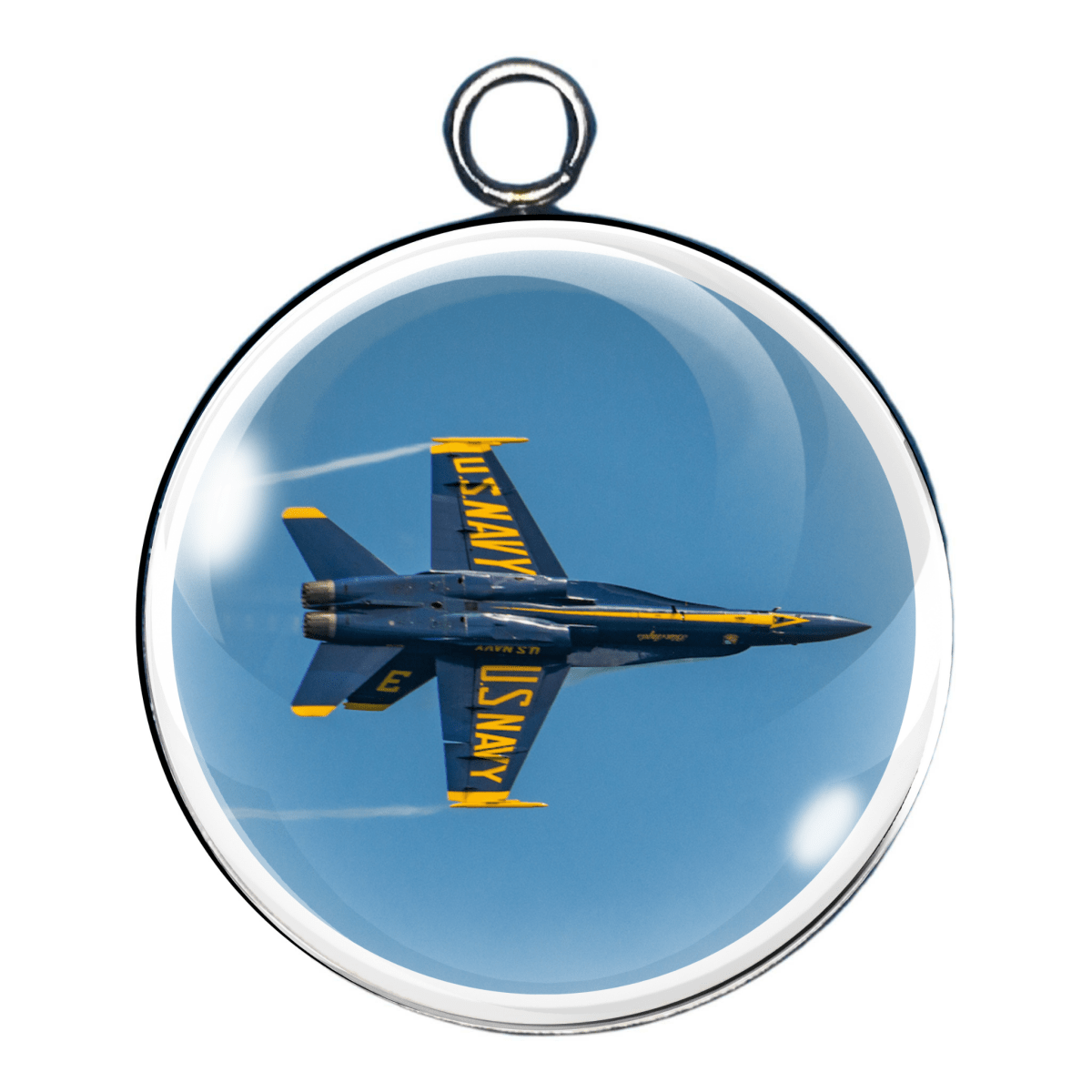 Charm 3:
"Single Blue Angel jet flying upside down, captured mid-roll in a cabochon charm."
