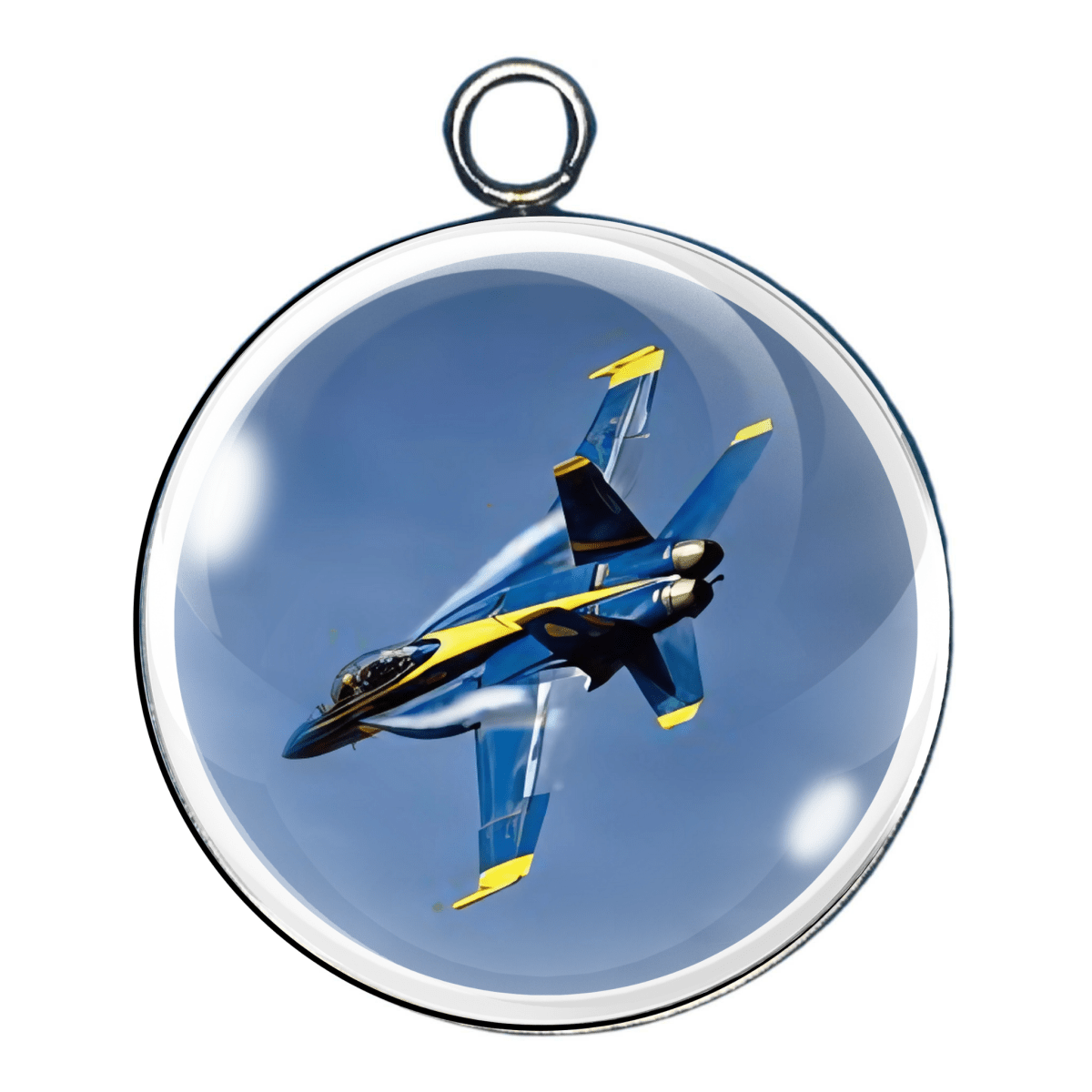 Charm 9:
"Blue Angel jet banking sharply with wingtip vapor trail, aviation glass charm."