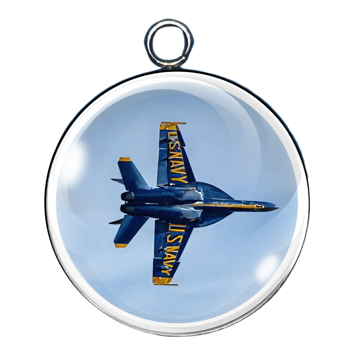 Charm 8:
"Blue Angels jet flying belly-up against blue sky, cabochon jet charm."