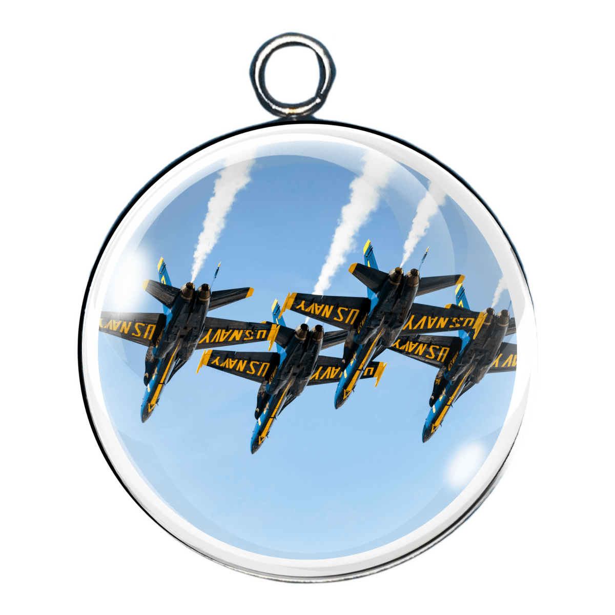 Charm 1:
"Blue Angels flying in tight diamond formation with jet trails, glass cabochon charm."
