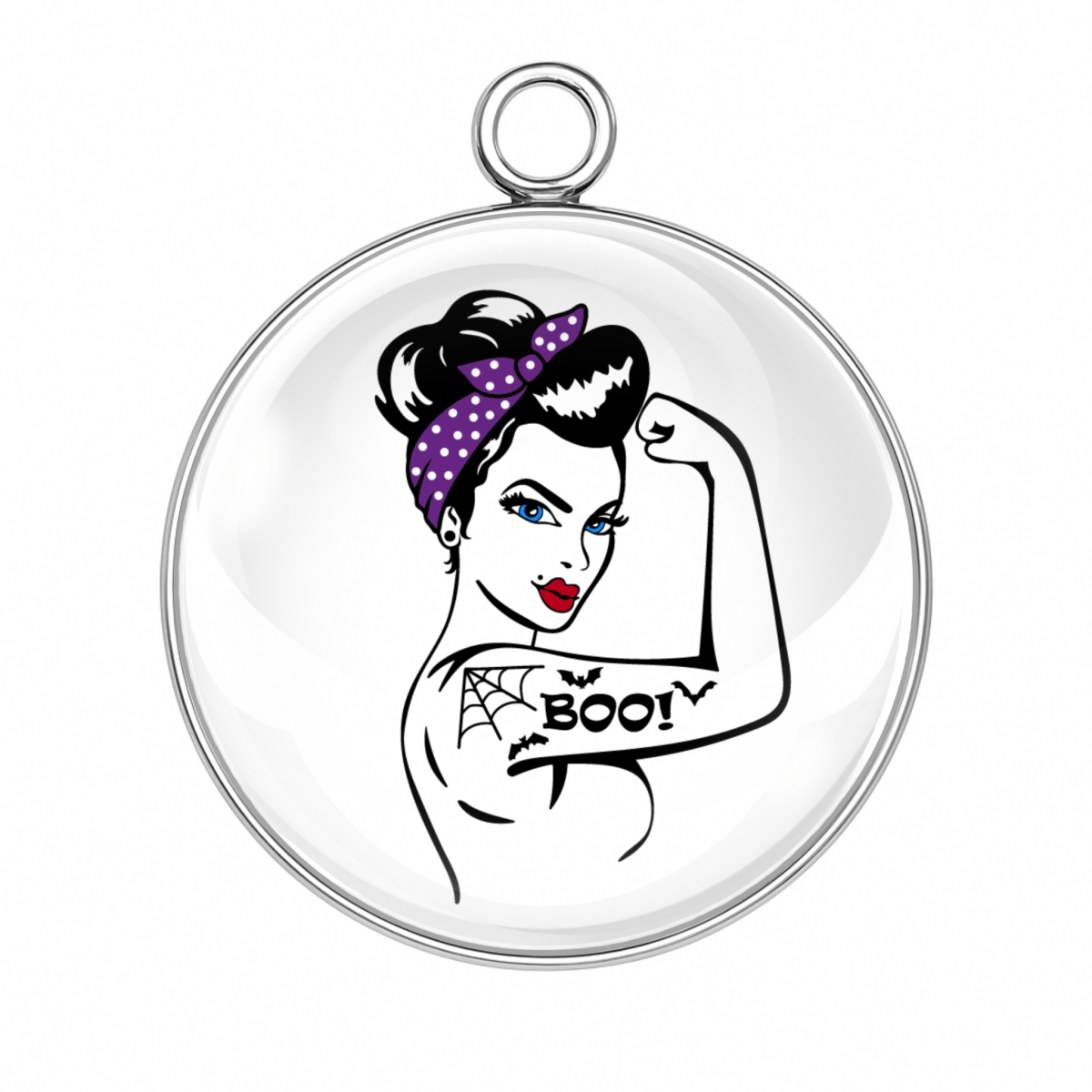 Pin-up girl charm with tattoos flexing arm and 'BOO!' written on bicep