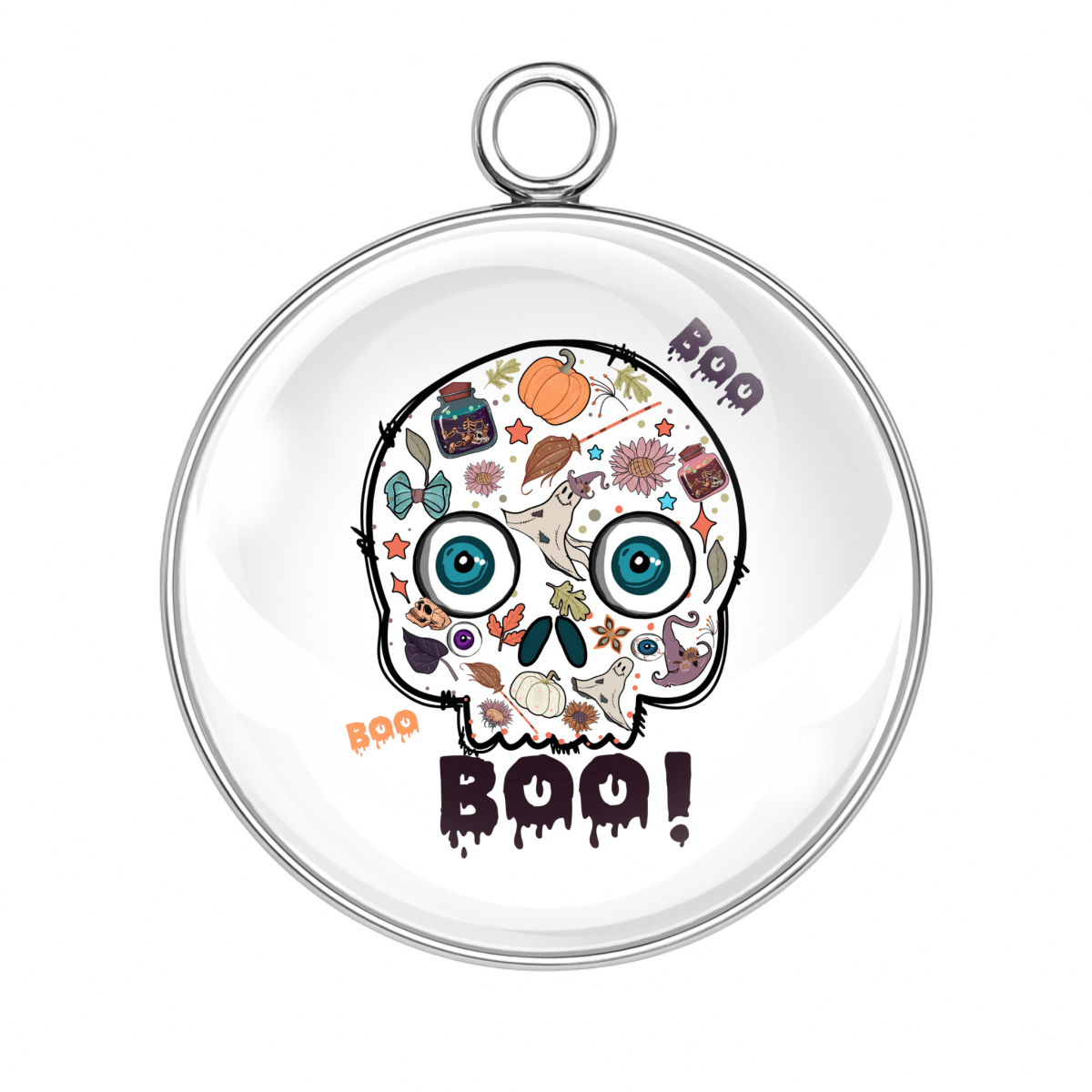 Sugar skull charm with Halloween candy and colorful Boo text