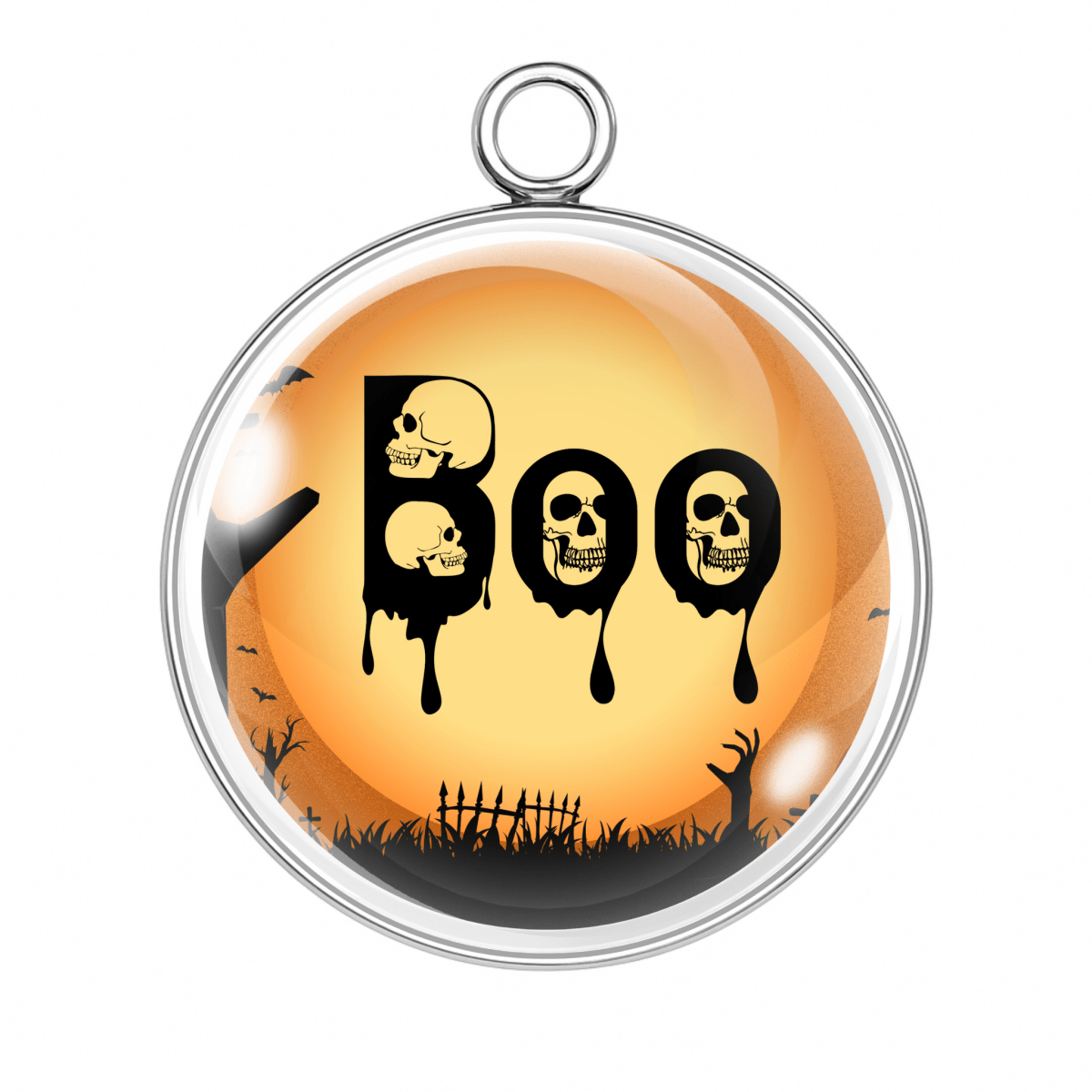Dripping black BOO charm with skulls on an orange haunted background