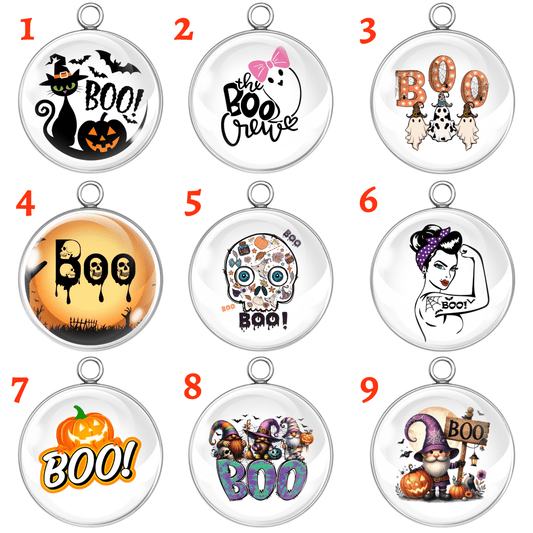 Set of 9 Halloween-themed glass cabochon charms featuring playful 'BOO' designs with witches, ghosts, pumpkins, skulls, gnomes, and spooky characters.