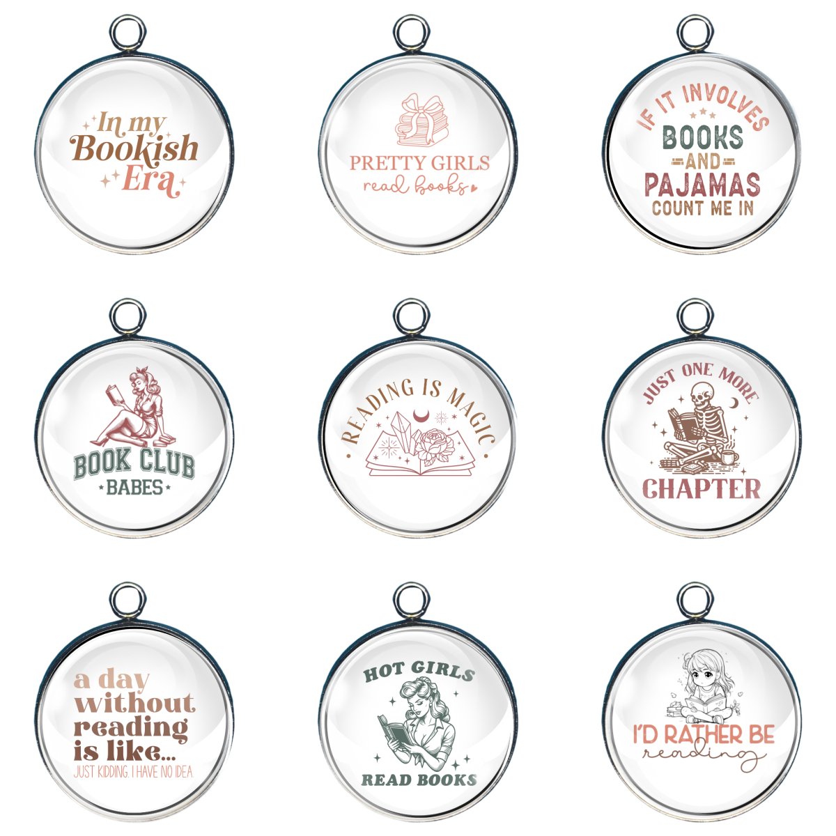 Group of 9 charms featuring girls, old and young, enjoying books