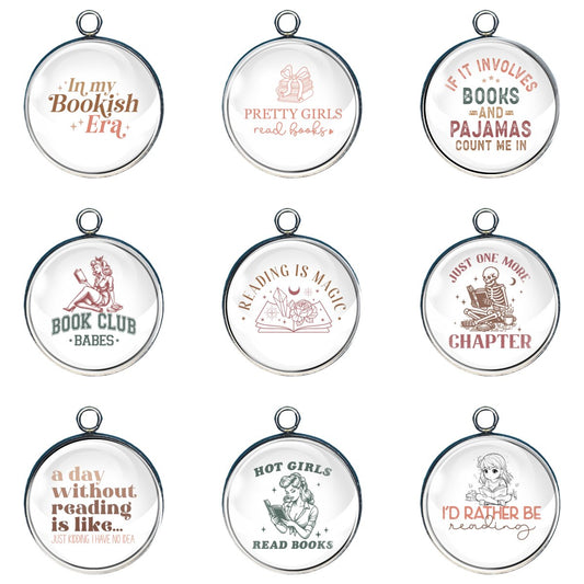 Group of 9 charms featuring girls, old and young, enjoying books