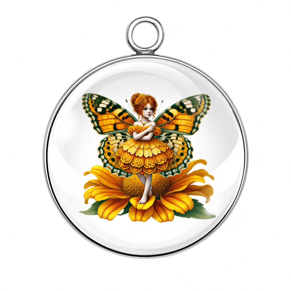 Butterfly fairy on a sunflower pendant with a white background