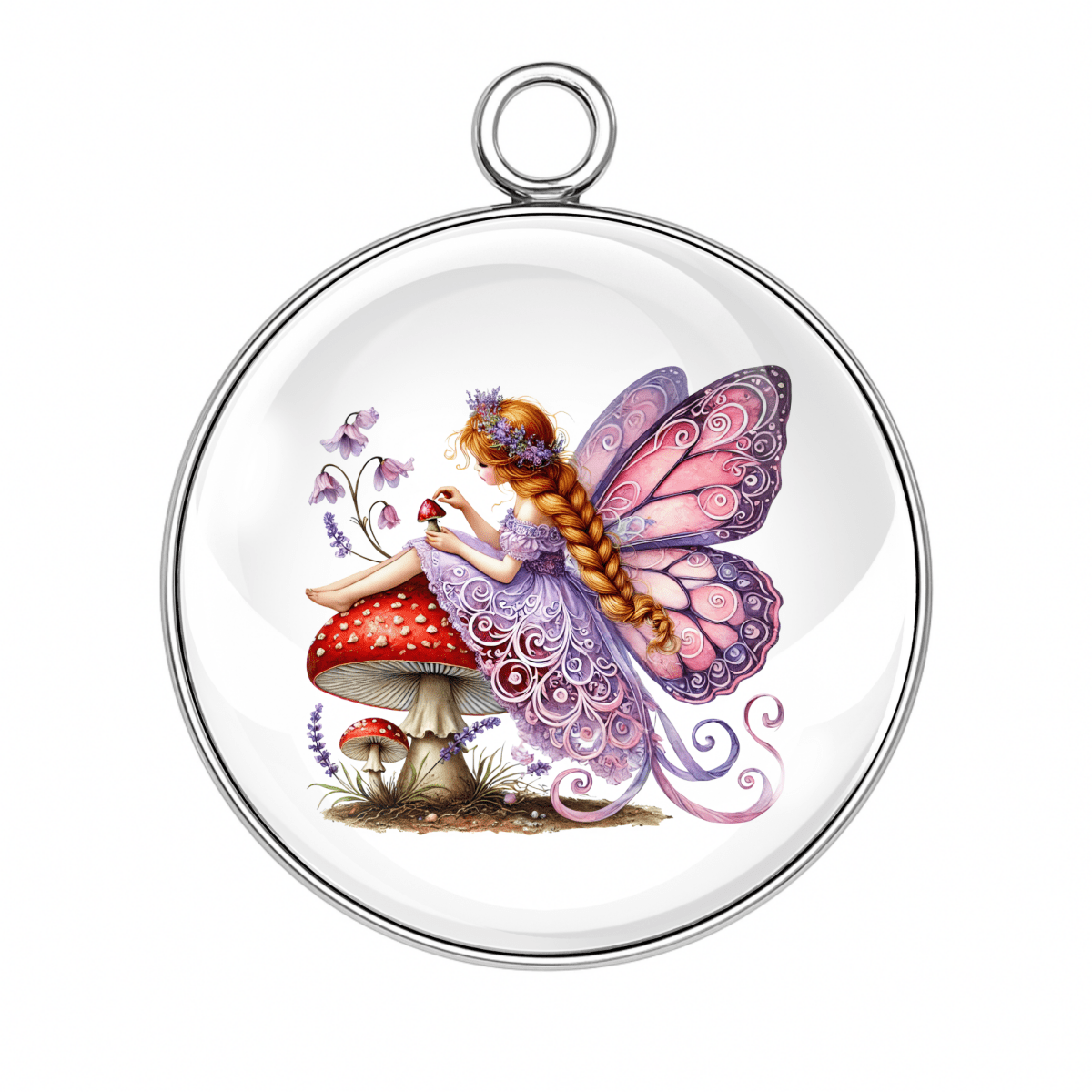 Purple Butterfly winged fairy lounging on a mushroom