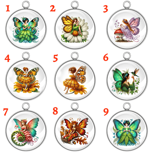 Nine circular fairy-themed pendants with colorful fairies and butterflies on a white background.
