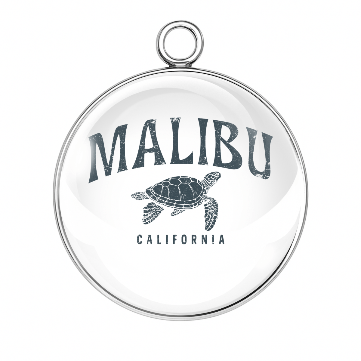Circular pendant with 'Malibu California' text and turtle illustration on a white background