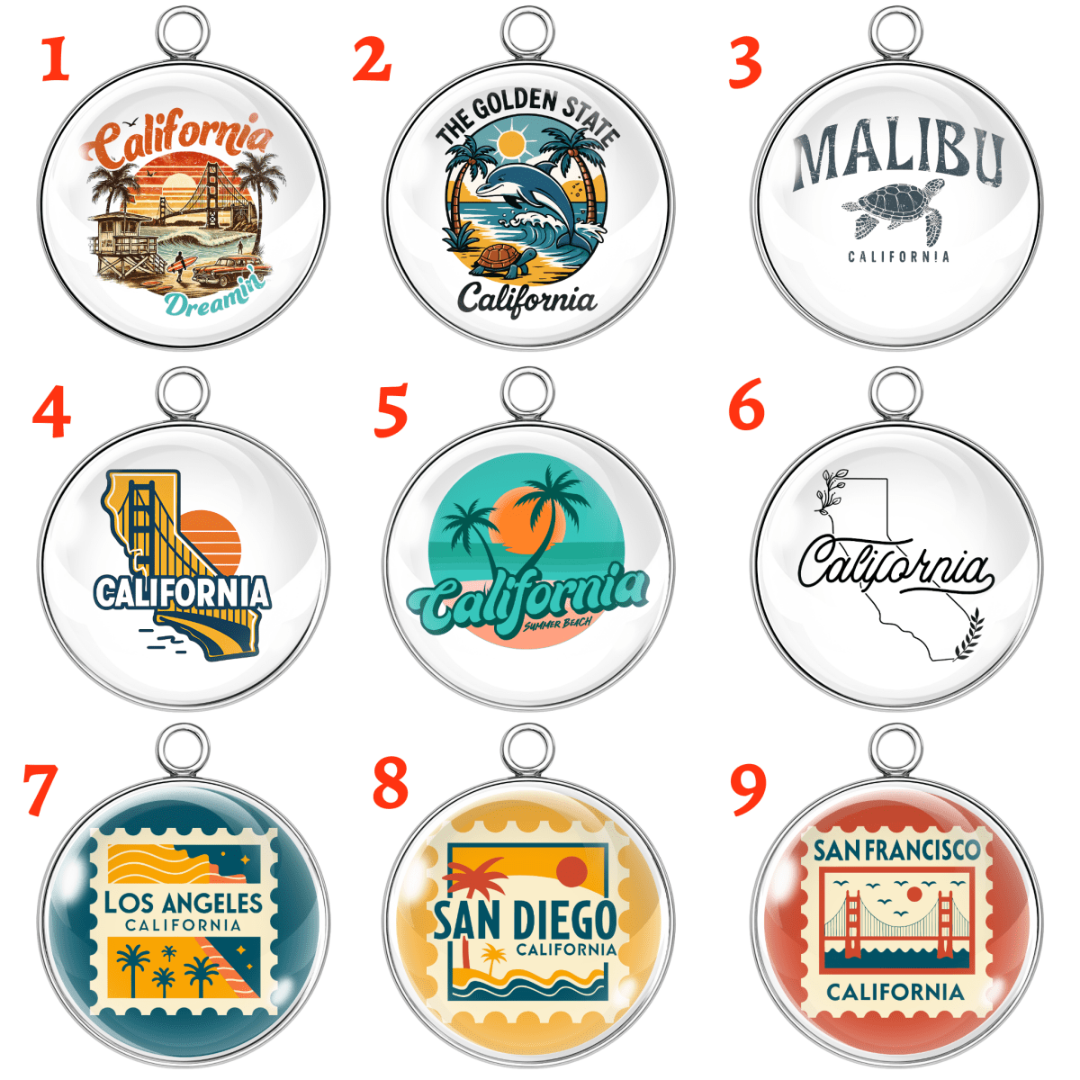 Nine circular California-themed pendants with various designs on a white background.