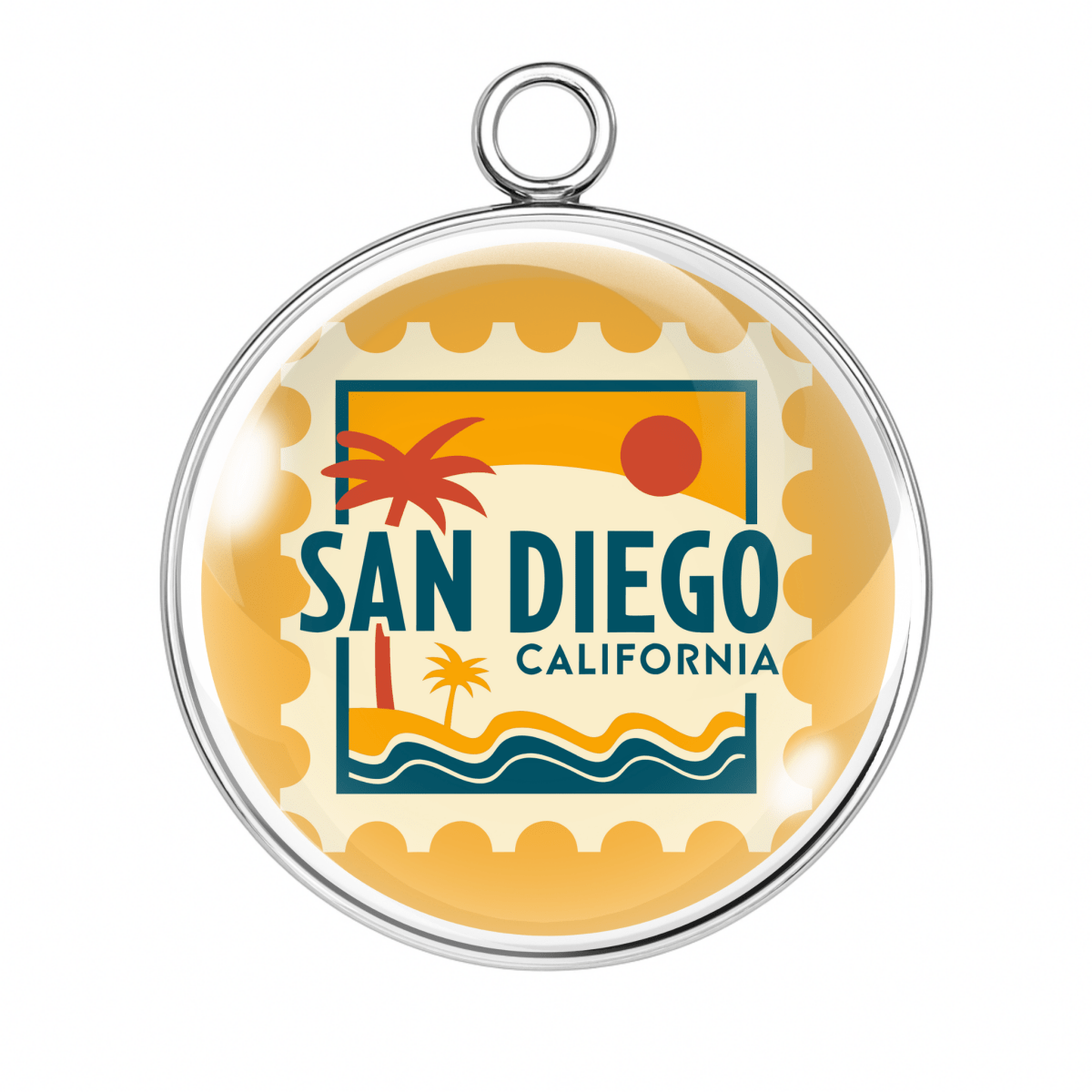 Circular pendant with 'San Diego, California' postage stamp design