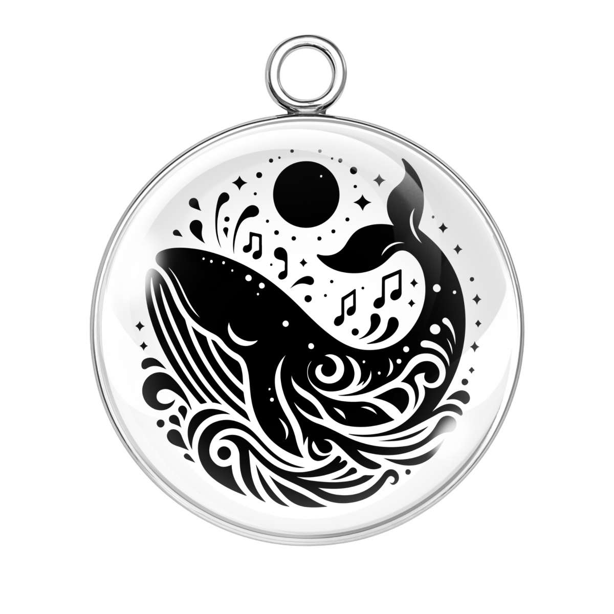 Whale tail with music, stars, and moon above waves