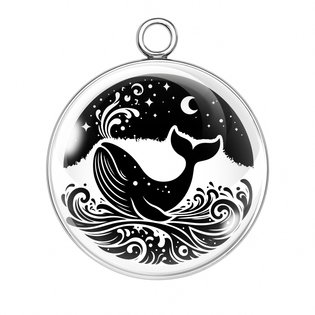Whale under a starlit sky with moon and rippling sea